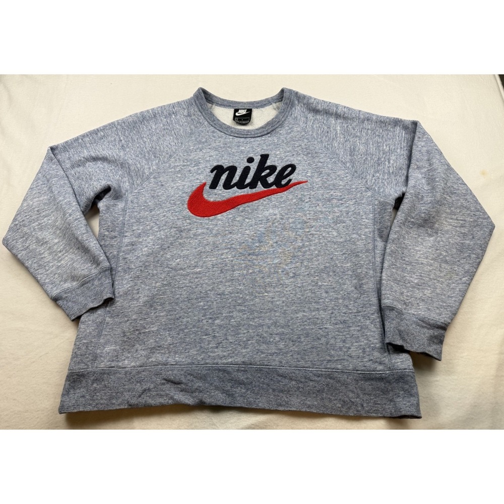 Nike Heritage Crew Neck Sweatshirt Fuzzy Logo Size L Blue
